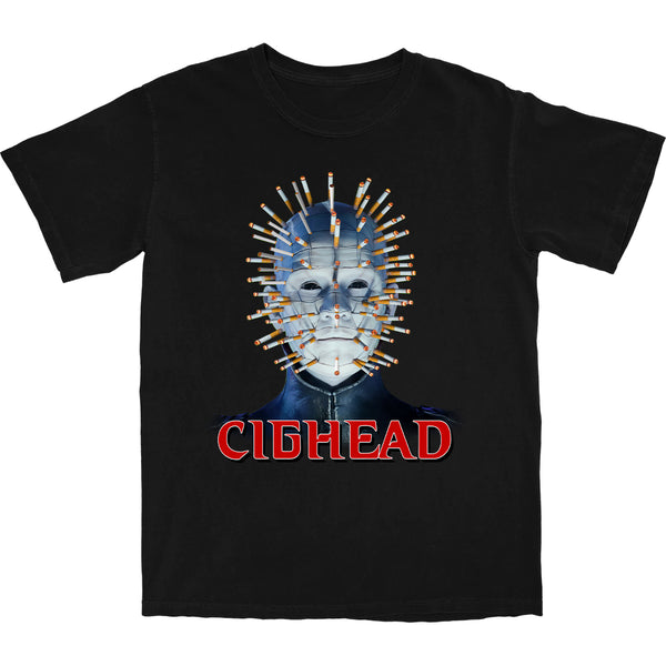 Black t-shirt with a graphic design of a head with pins and the text 'CIGHEAD' on a white background.