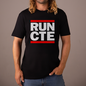 Man wearing a black t-shirt with 'RUN CTE' text on a gray background