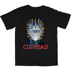 Black t-shirt with a graphic design of a head with pins and the text 'CIGHEAD' on a white background.